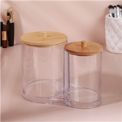 Органайзер для ватных палочек и дисков BAMBOO, с крышкой, 15.5×8.5×12 см, прозрачный, коричневый