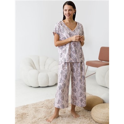 Укороченные широкие брюки кюлоты c принтом на резинке из 100% хлопка