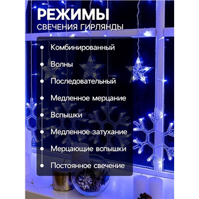 Гирлянда «Бахрома» 2.4×0.9 м с насадками «Снежинки», IP20, прозрачная нить, 150 LED, свечение синее, 8 режимов, 220 В
