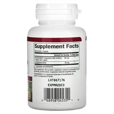Natural Factors, экстракт косточек винограда, 100 мг, 60 растительных капсул