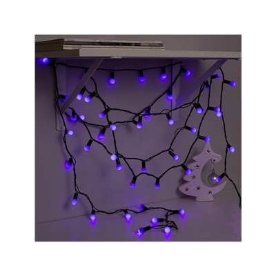 Гирлянда «Нить» 10 м с насадками «Шарики 1.5 см», IP44, тёмная нить, 100 LED, свечение фиолетовое, 8 режимов, 220 В