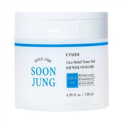 ETUDE Успокаивающие тонер-пэды с экстрактом центеллы / Soon Jung CICA Toner Pad, 130 мл 19998