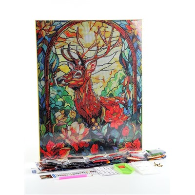 Алмазная мозаика с полным заполнением на холсте с подрамником «Витраж с оленем», 40×50 см