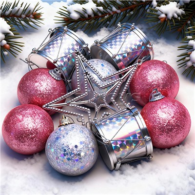 Набор новогодних украшений розовые с блёстками (5см)