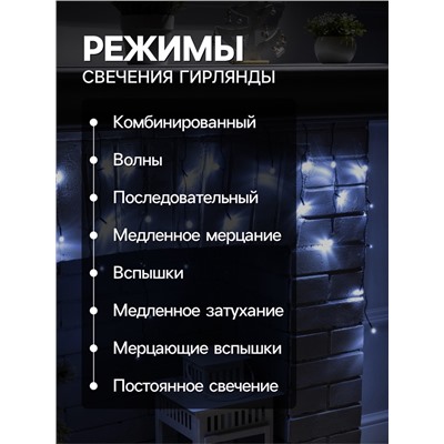 Гирлянда «Бахрома» 3×0.5 м, IP20, тёмная нить, 80 LED, свечение белое, 8 режимов, 220 В