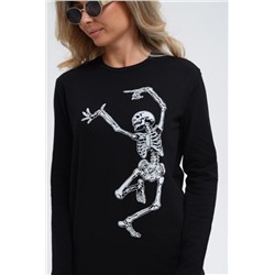 8532 Футболка с длинным рукавом женская (Черный_скелетик)