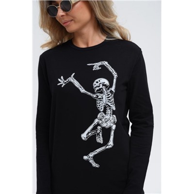 8532 Футболка с длинным рукавом женская (Черный_скелетик)