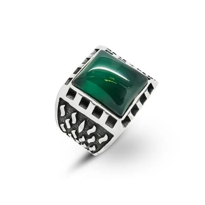Мужское кольцо из серебра зеленый агат, ТМК-11