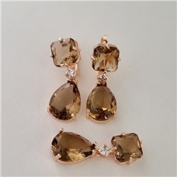 Комплект ювелирной бижутерии Дубайское золото: серьги и кулон с крупным камнем, покрытие позолота, вставка: фианит, цвет: коричневый, арт.414.039