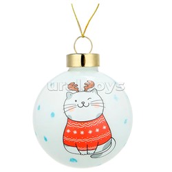 Новогоднее украшение. Елочный стеклянный шар "Котик в свитерке" 6см