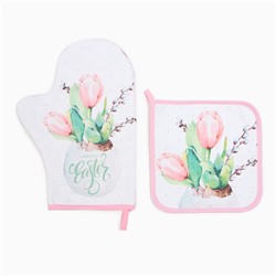 Набор кухонный «Этель. Тюльпаны»: варежка-прихватка 20×28 см, прихватка 19×19 см,100% хлопок