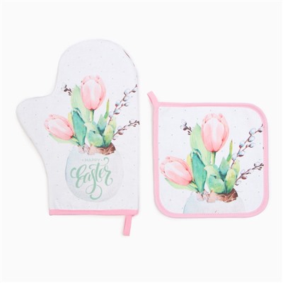 Набор кухонный «Этель. Тюльпаны»: варежка-прихватка 20×28 см, прихватка 19×19 см,100% хлопок