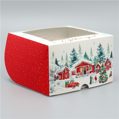 Коробка складная на 4 капкейка с окном «С Новым годом!», 16×16×10 см