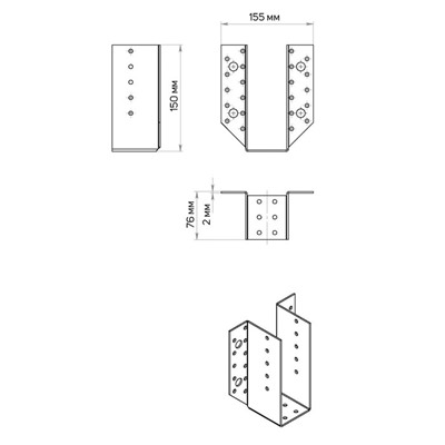 Опора бруса 76×155 OBR R, открытая, цинк, 1 шт.