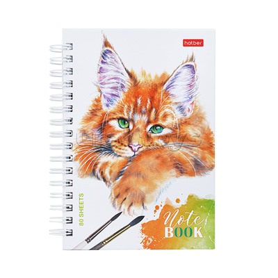 Записная книжка 80л А6ф "Рыжий котик" 2-х цветная клетка с твердой обложкой двойная на гребне глянц. ламин