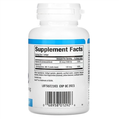 Natural Factors, витамины D3 и К2, 60 капсул
