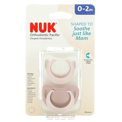 NUK, Orthodontic Pacifier, 0-2 Months, Pink, 2 Pack