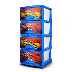 Комод "Декор" "Тачки" 4 секции темно-голубой / белый