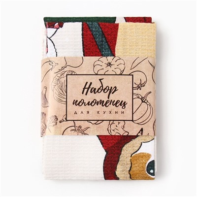 Набор новогодних полотенец Доляна «Помурчим в новом году» 28×46 см - 3штуки, 100% хлопок, вафля 160 г/м²