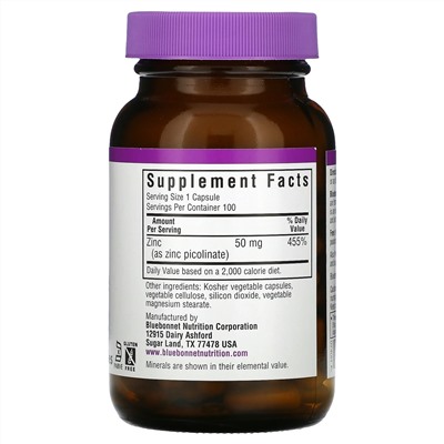 Bluebonnet Nutrition, пиколинат цинка, 50 мг, 100 вегетарианских капсул
