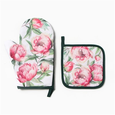 Набор кухонный «Пионы» варежка-прихватка 20×27 см, прихватка 17×17 см 100% п/э