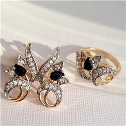 Комплект ювелирная бижутерия коллекция  "Дубай" серьги и кольцо 18 р, покрытие: позолота, вставка: фианиты, цвет: черный и прозрачный, арт.217.290-18