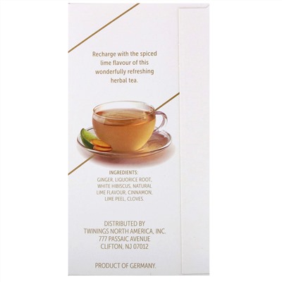 Twinings, Травяной чай для поддержки иммунитета, белый гибискус, лайм и имбирь, без кофеина, 18 пакетиков по 0,95 унц. (27 г)