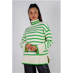 Теплая туника в полоску высокий ворот арт. 2918 (Молочный_зеленая полоса)