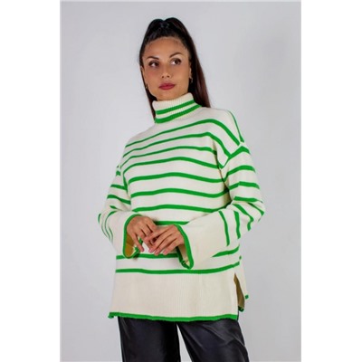 Теплая туника в полоску высокий ворот арт. 2918 (Молочный_зеленая полоса)