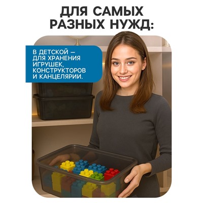 Ящик пластиковый для хранения, с крышкой, объём — 10 л, прозрачно-чёрный