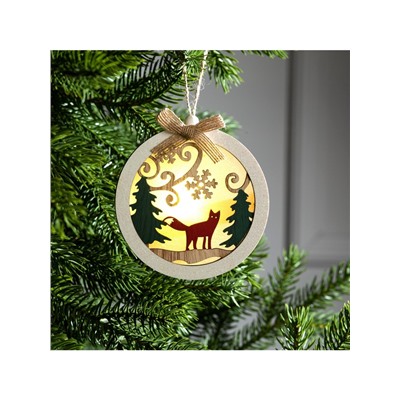 Ёлочная игрушка «Шар с лисёнком», 10×10×2 см, от батареек, свечение тёплое белое