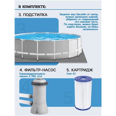 Бассейн каркасный INTEX Prism Frame 26726NP, 457×122 см, фильтр-насос, лестница, тент, подстилка, круглый