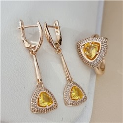 Комплект ювелирной бижутерии коллекция "Дубай" серьги и кольцо 19 р покрытие позолота, вставка: фианиты и цирконы, цвет: желтый и прозрачный, арт.215.620-19