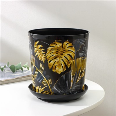 Горшок для цветов с поддоном Доляна «Голди.Тропики», 1.6 л, d=14 см, h=15.5 см, пластиковый, цвет чёрный