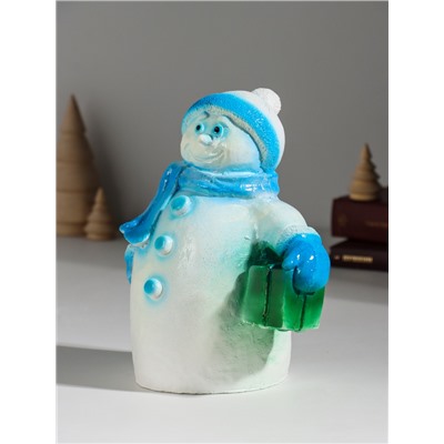 Копилка для денег «Снеговик новогодний с подарком», гипс, 19 см, голубой