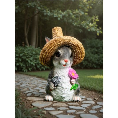 Садовая фигура из полистоуна «Зайка в соломенной шляпе с цветочком», 21×12×13 см