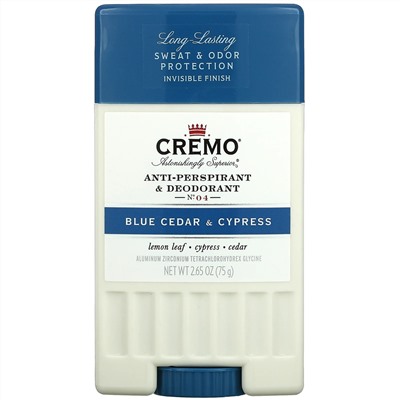 Cremo, Anti-Perspirant & Deodorant, No.04, Blue Cedar & Cypress, 2.65 oz (75 g)