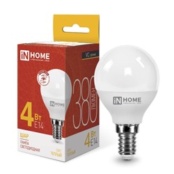 Лампа светодиодная IN HOME LED-ШАР-VC, 4 Вт, 230 В, Е14, 3000 К, 380 Лм