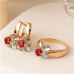 Комплект ювелирной бижутерии коллекция "Дубай" серьги и кольцо 17 р, покрытие позолота, вставка: фианиты, цвет: красный, арт.213.936-17