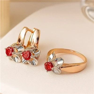 Комплект ювелирной бижутерии коллекция "Дубай" серьги и кольцо 19 р, покрытие позолота, вставка: фианиты, цвет: красный, арт.213.936-19