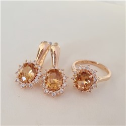 Комплект ювелирная бижутерия коллекция  "Дубай" серьги и кольцо 20 р, покрытие: позолота, вставка: фианиты, цвет: бежевый и прозрачный, арт.213.995-20