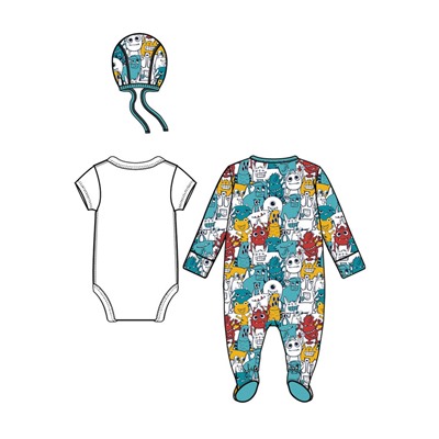 Комплект детский трикотажный для мальчиков: боди, комбинезон, нагрудник, чепчик