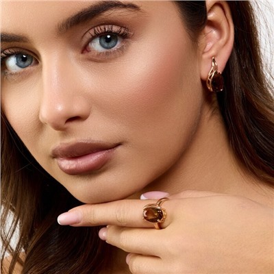 Комплект ювелирной бижутерии коллекция "Дубай" серьги и кольцо 18 р, покрытие позолота, вставка: стекло, цвет: коричневый, арт.414.333-18