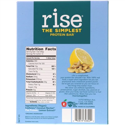 Rise Bar, THE SIMPLEST PROTEIN BAR, Lemon Cashew, 12 Bars, 2.1 oz (60 g) Each