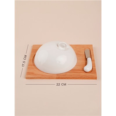 Маслёнка SL Home «Тренто», 22×17.5 см, на деревянной подставке, с ножом для масла, фарфор, белая