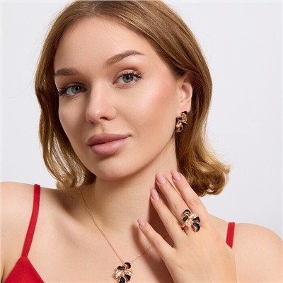 Комплект ювелирной бижутерии коллекция "Дубай" серьги, кулон и кольцо 19 р, покрытие позолота, вставка: матовая эмаль, цвет: черный, арт.313.169-19