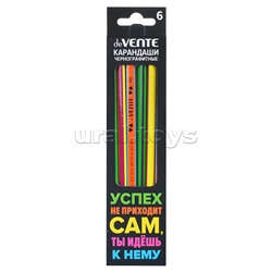 Карандаш чернографитный "Bombax" 6 шт (HB) диаметр грифеля 2 мм, трёхгранный корпус, покраска корпуса неоновое ассорти с полосками на гранях, с фразами, с ластиком, заточенные, в картонной коробке с покрытием Soft Touch