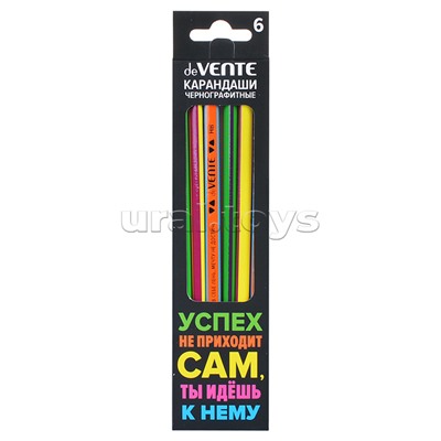 Карандаш чернографитный "Bombax" 6 шт (HB) диаметр грифеля 2 мм, трёхгранный корпус, покраска корпуса неоновое ассорти с полосками на гранях, с фразами, с ластиком, заточенные, в картонной коробке с покрытием Soft Touch