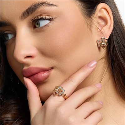 Комплект ювелирной бижутерии коллекция "Дубай" серьги и кольцо 19 р, покрытие позолота, вставка: цирконы, цвет: прозрачный, арт.217.527-19