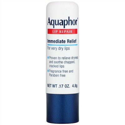 Aquaphor, Восстанавливающий бальзам для губ, помада, мгновенное восстановление, без запаха, 1 шт., 4,8 г (0,17 унции)